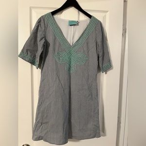 Judith March Women’s Dress. Size Small. Blue/White Stripe with Green Appliqué.